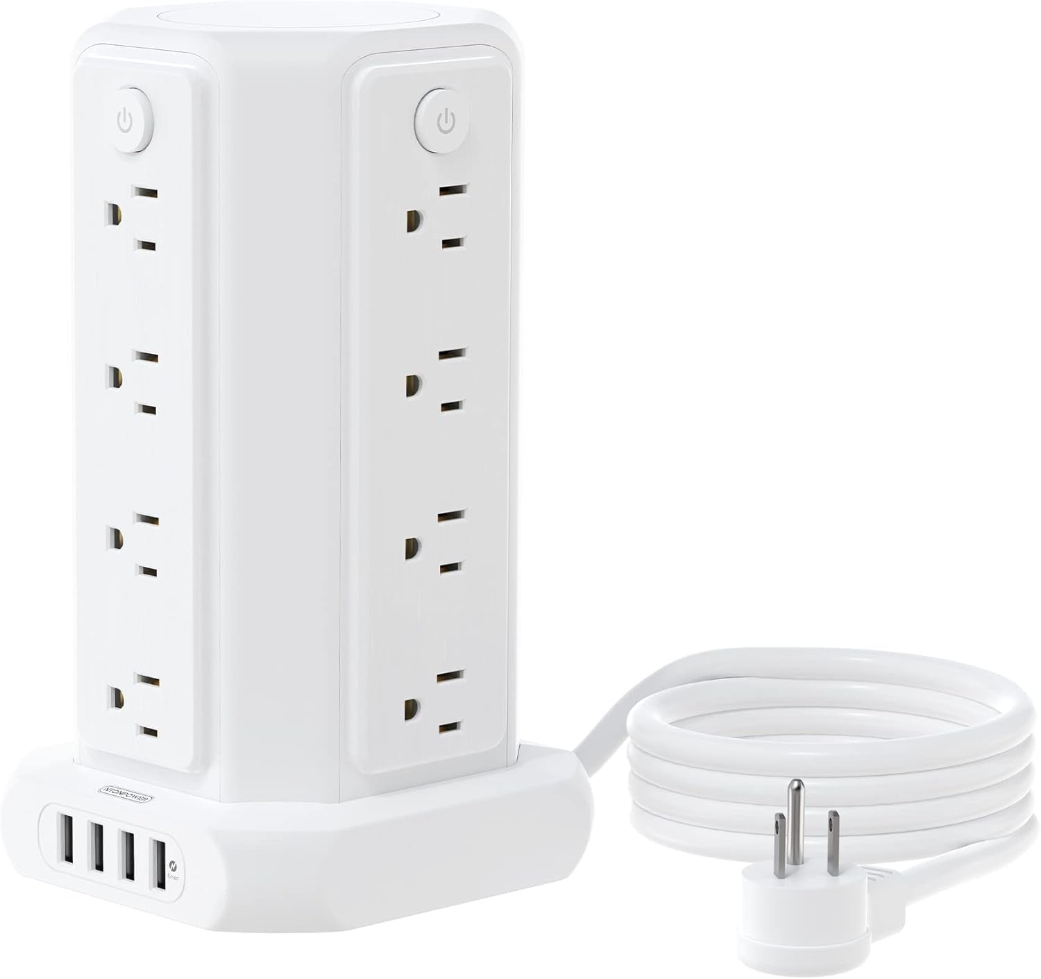 10 FT Extension Cord Power Strip Tower, 16 Widely Outlets 1875W 15A, Flat Plug Surge Protector with 4 USB Ports, Individual Switches, 1080 Joules, Overload Protection for Home Office Desktop, White
