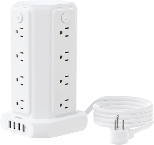 10 FT Extension Cord Power Strip Tower, 16 Widely Outlets 1875W 15A, Flat Plug Surge Protector with 4 USB Ports, Individual Switches, 1080 Joules, Overload Protection for Home Office Desktop, White