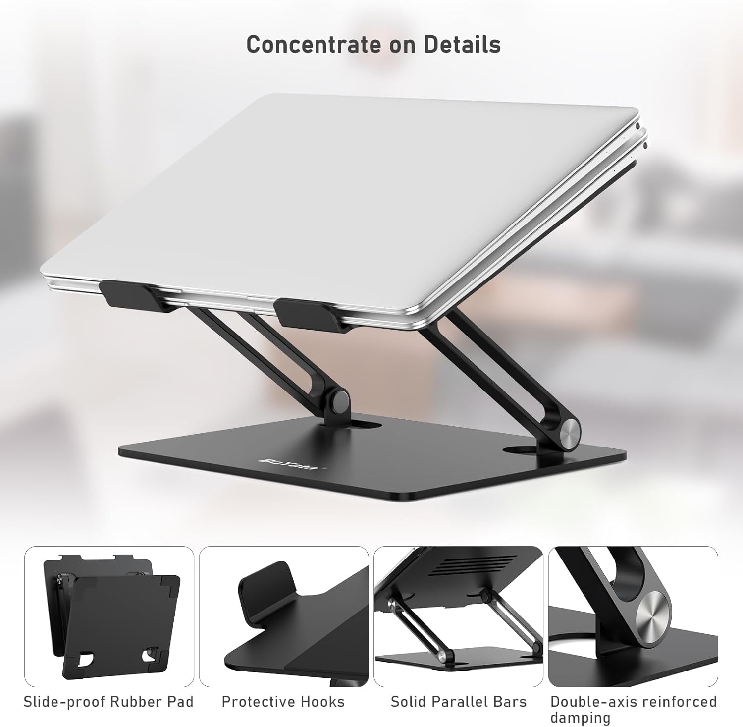 Laptop Stand, Adjustable Metal Desktop Riser, up to 15 Inches, Black | Slide-Proof Silicone Pads and Protective Hooks Provide Stable Support for Macbook, Notebooks and Laptops up to 15 Inches