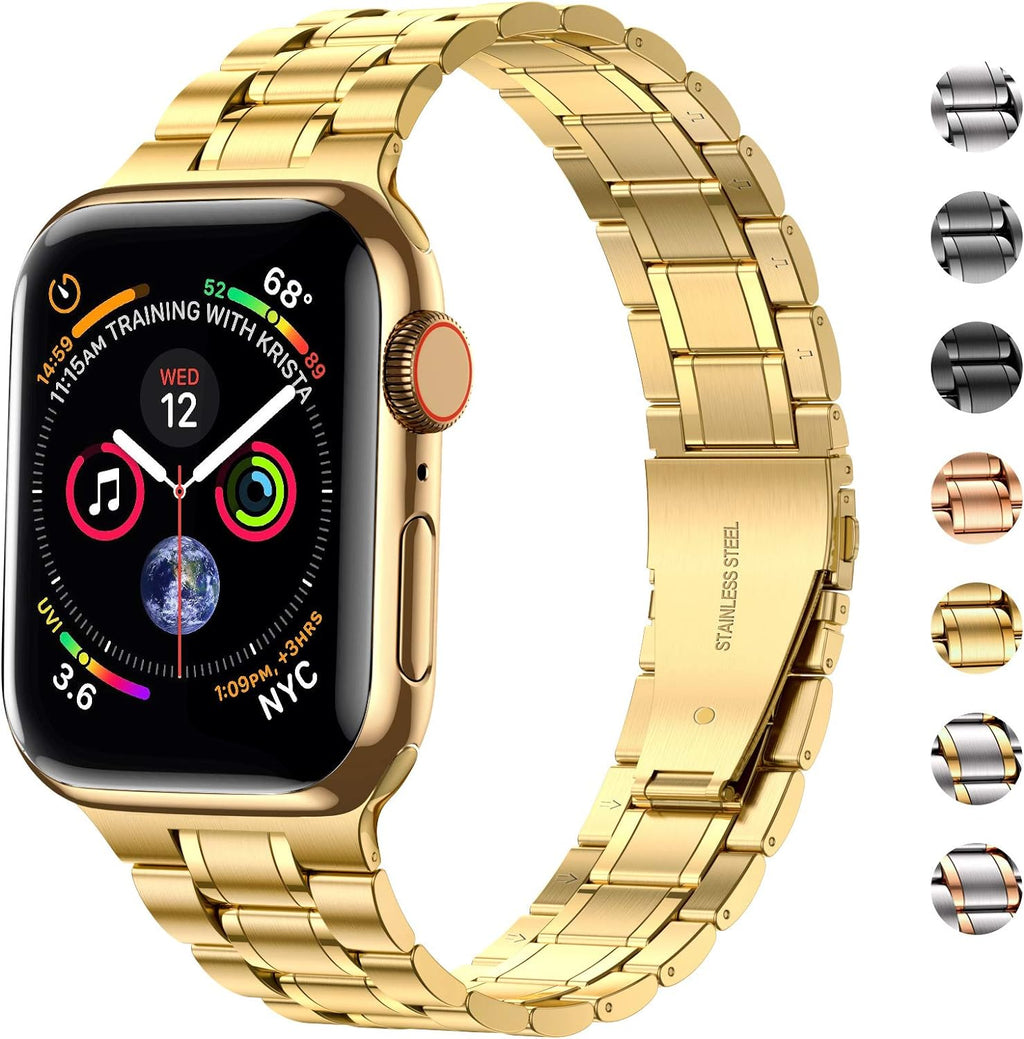Solid Stainless Steel Bands for Apple Watch 44Mm 42Mm (Series 3/2/1) | Adjustable Metal Strap with Soft TPU Case for Women and Men, Fits Iwatch Bands Series 6 5 4 3 2 1, SE3, SE2, SE, Gold
