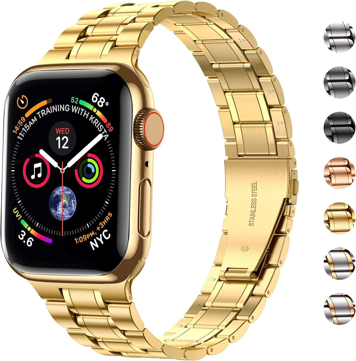 Solid Stainless Steel Bands for Apple Watch 44Mm 42Mm (Series 3/2/1) | Adjustable Metal Strap with Soft TPU Case for Women and Men, Fits Iwatch Bands Series 6 5 4 3 2 1, SE3, SE2, SE, Gold