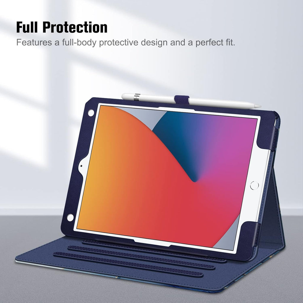 Multi-Angle Viewing Case for Ipad 9Th/8Th/7Th Generation 10.2 Inch | Vegan Leather Folio Stand Cover, Pencil Holder & Storage Pocket, Corner Protection, Auto Wake/Sleep, Ocean Marble