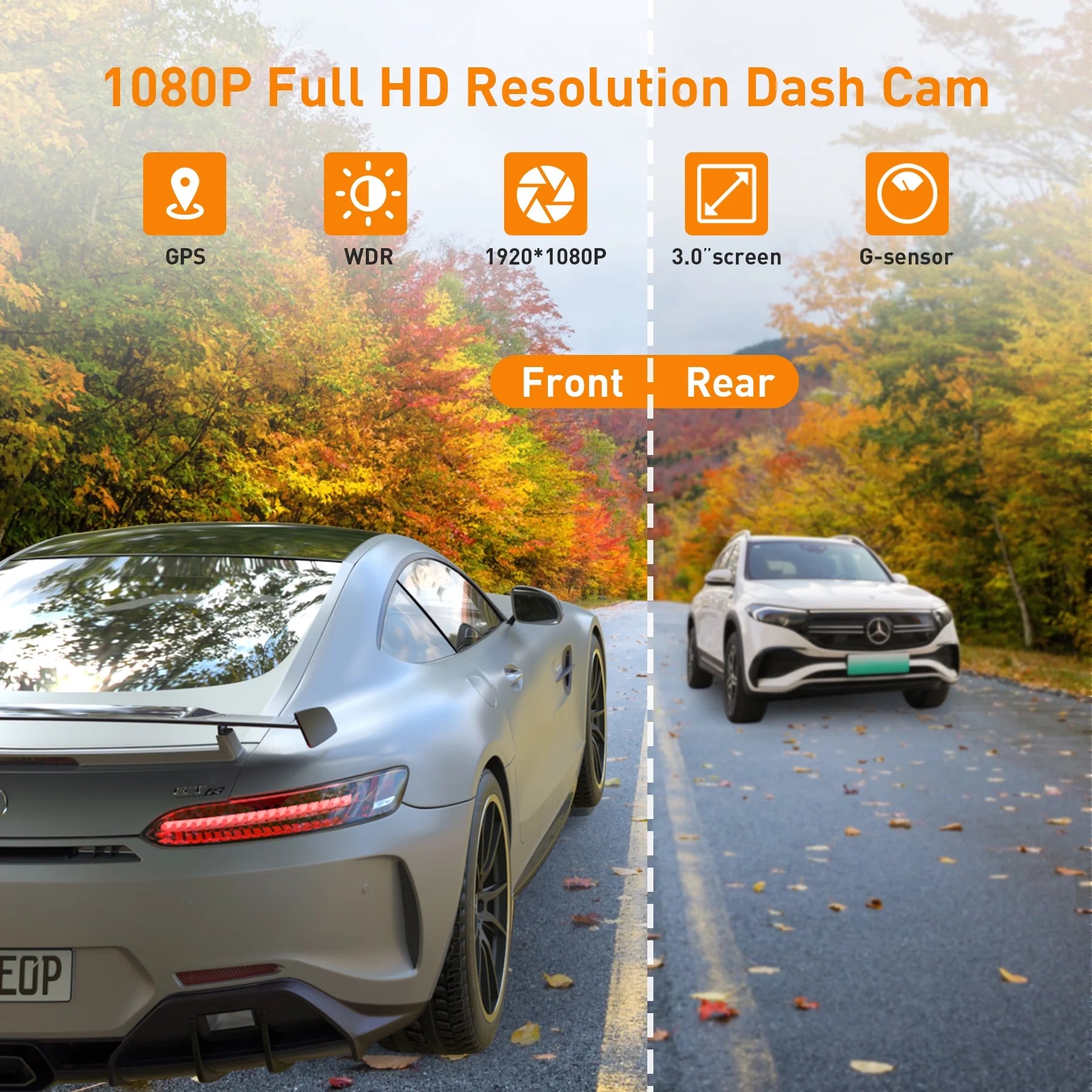 Dash Cam Front and Rear, 1080P Full HD Dash Camera, Dashcam with Night Vision, Car Camera with 3-Inch LCD Display, G-Sensor, Loop Recording, WDR