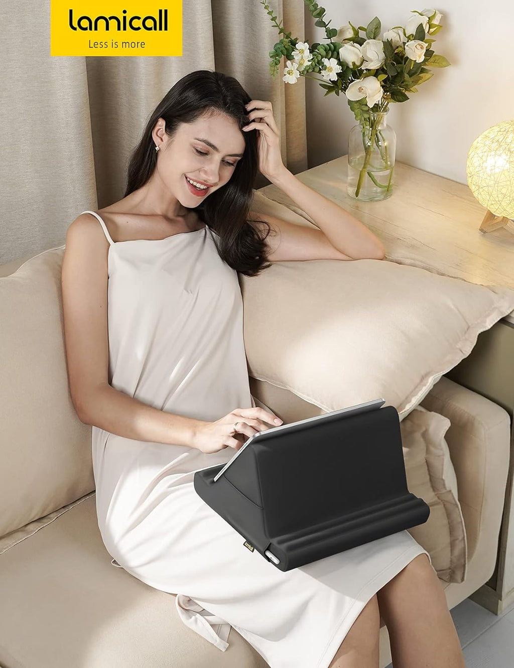 Tablet Pillow Holder Stand - Soft Pad for Lap, Bed, and Desk with Pocket and 4 Viewing Angles, Compatible with iPad Pro 13, 11, 12.9, Air, Mini, Kindle, iPhone, and 4-13" Devices, Black