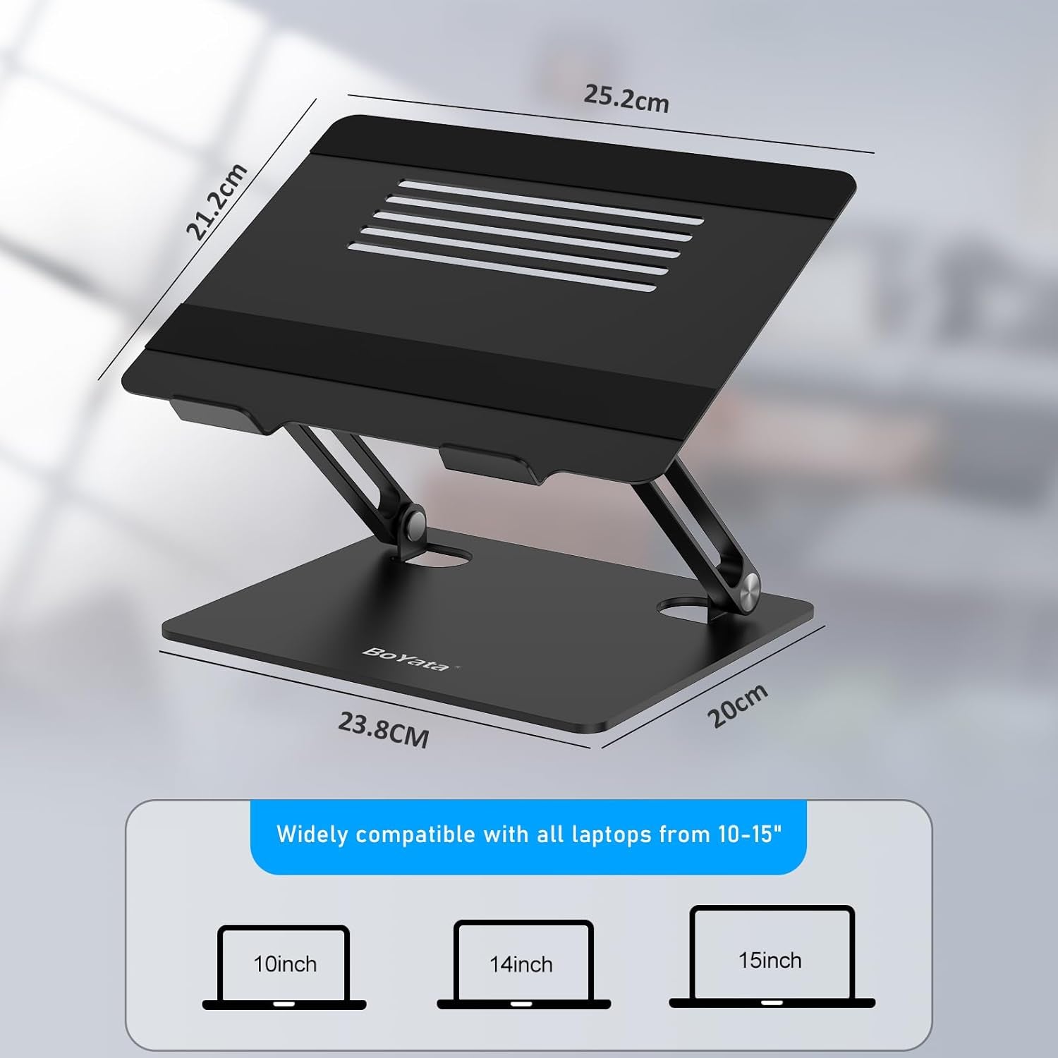 Laptop Stand, Adjustable Metal Desktop Riser, up to 15 Inches, Black | Slide-Proof Silicone Pads and Protective Hooks Provide Stable Support for Macbook, Notebooks and Laptops up to 15 Inches
