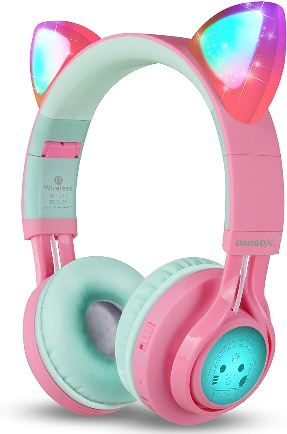 CT-7 Cat Ear Kids Bluetooth Headphones, LED Light up Bluetooth Wireless over Ear Headphones with Microphone and Volume Control for Travel/School/Smartphones/Laptop/Pc/Tv (Pink&Green)