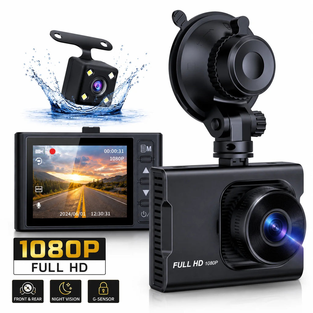 Dash Cam Front and Rear, 1080P Full HD Dash Camera, Dashcam with Night Vision, Car Camera with 3-Inch LCD Display, G-Sensor, Loop Recording, WDR