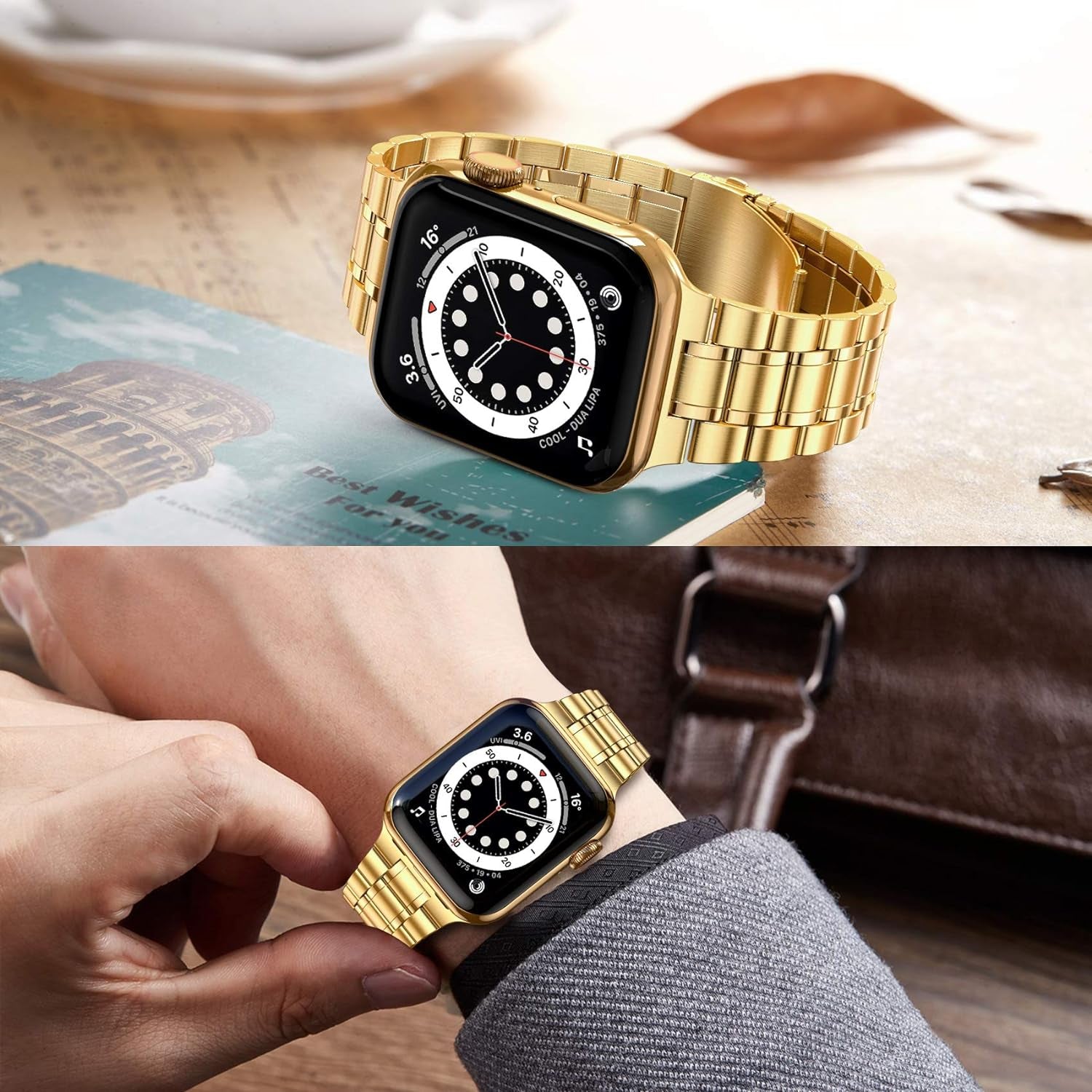 Solid Stainless Steel Bands for Apple Watch 44Mm 42Mm (Series 3/2/1) | Adjustable Metal Strap with Soft TPU Case for Women and Men, Fits Iwatch Bands Series 6 5 4 3 2 1, SE3, SE2, SE, Gold