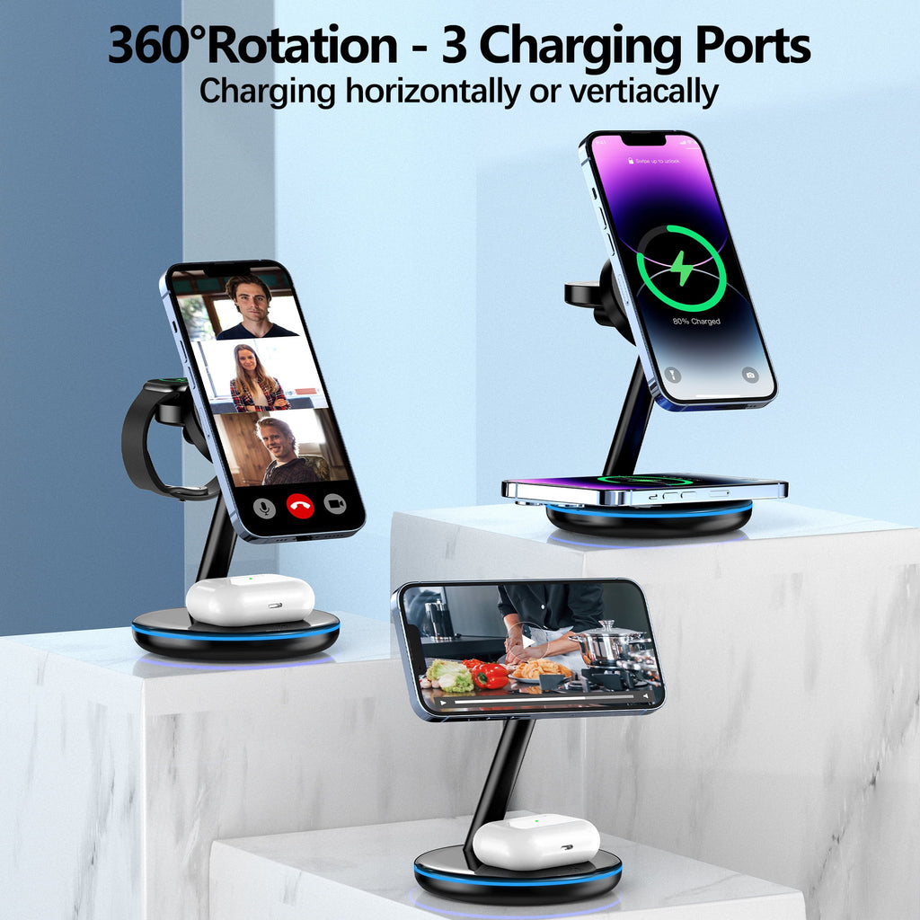 XEITIN 18W Magsafe Wireless Charger Docking Station for Iphone 15/14/13/12 Airpods Iwatch Ultra/8/7/Se/6/5/4/3/2 Wireless Charger Station Black
