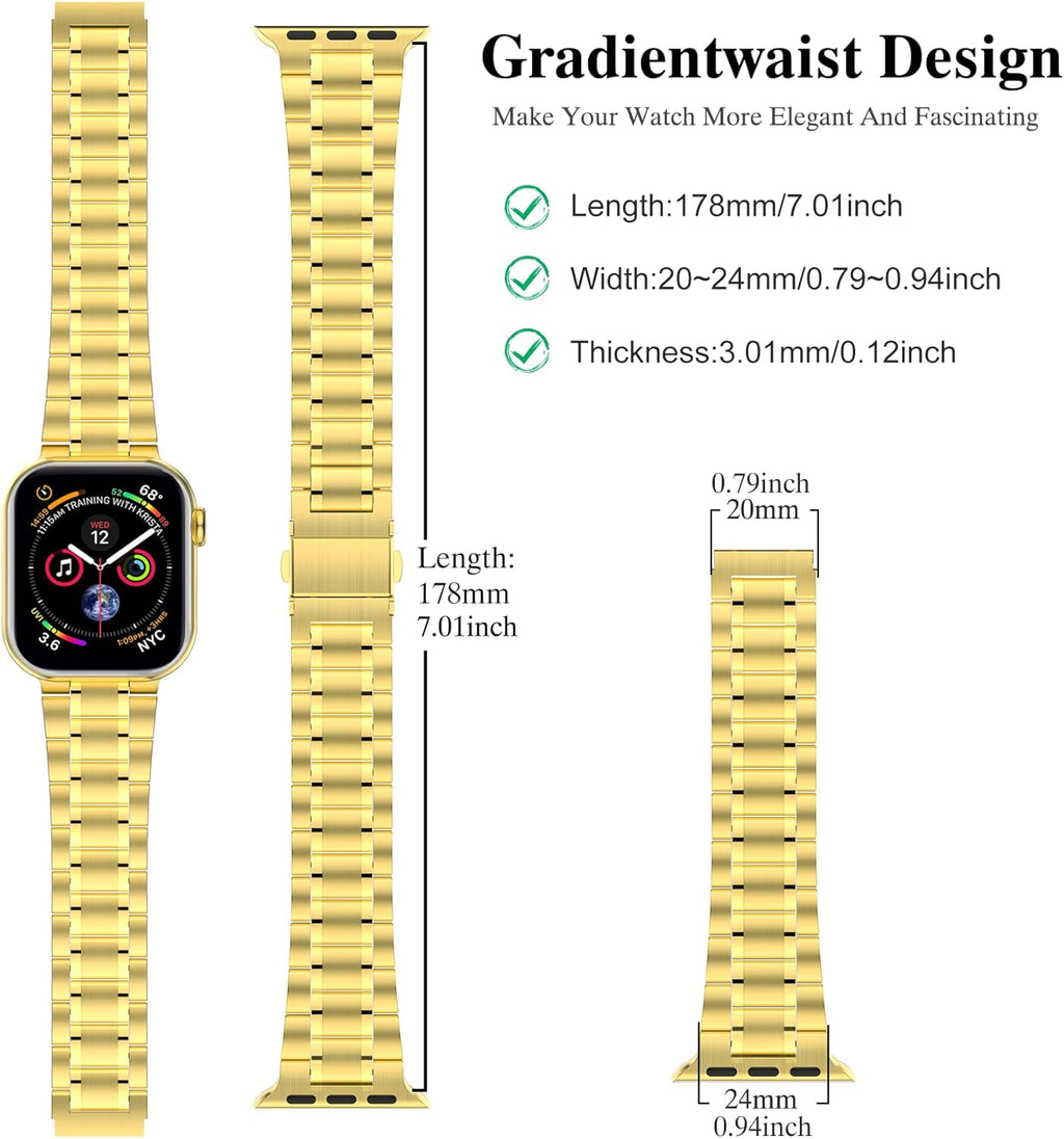 Solid Stainless Steel Bands for Apple Watch 44Mm 42Mm (Series 3/2/1) | Adjustable Metal Strap with Soft TPU Case for Women and Men, Fits Iwatch Bands Series 6 5 4 3 2 1, SE3, SE2, SE, Gold