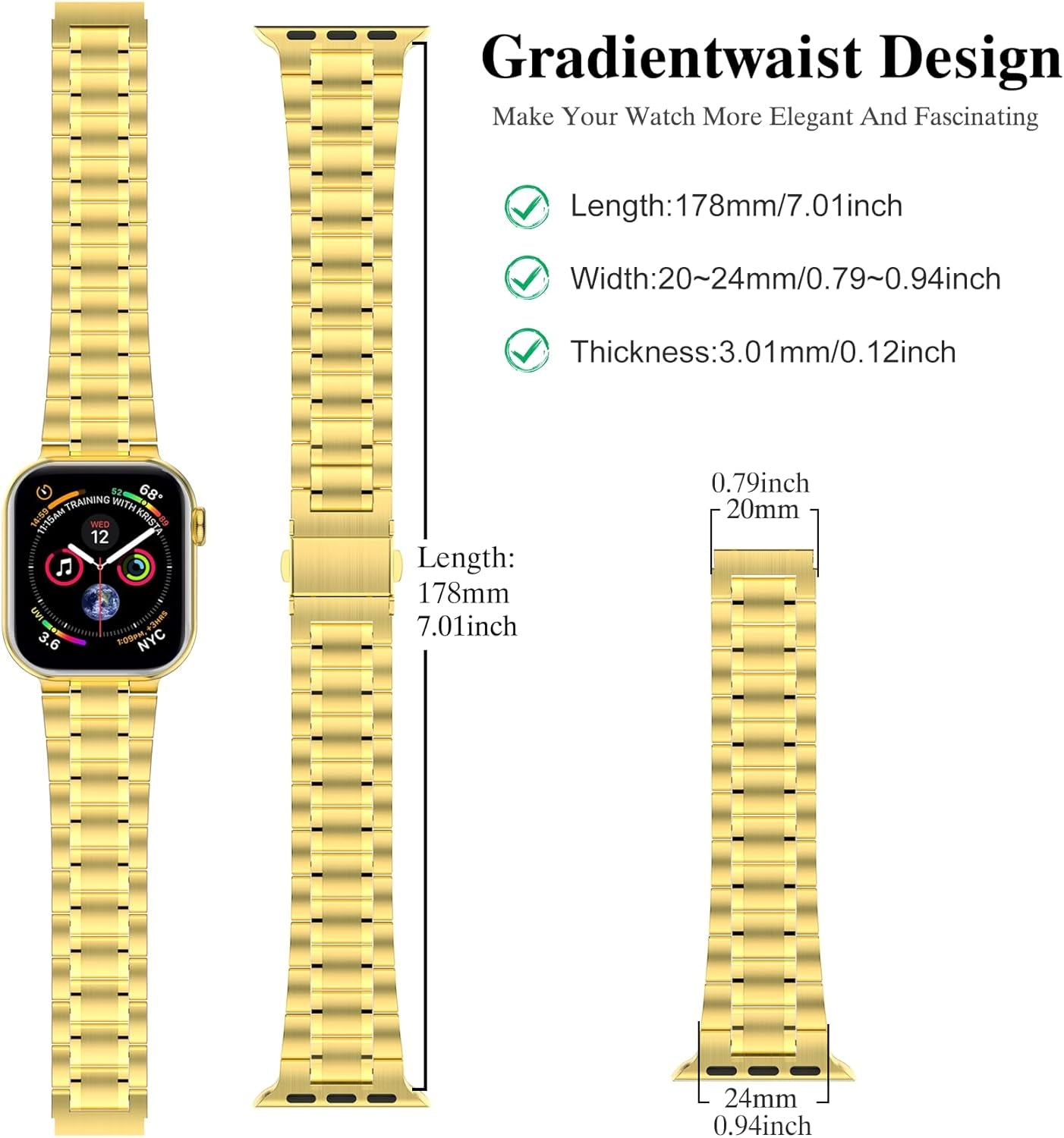 Solid Stainless Steel Bands for Apple Watch 44Mm 42Mm (Series 3/2/1) | Adjustable Metal Strap with Soft TPU Case for Women and Men, Fits Iwatch Bands Series 6 5 4 3 2 1, SE3, SE2, SE, Gold
