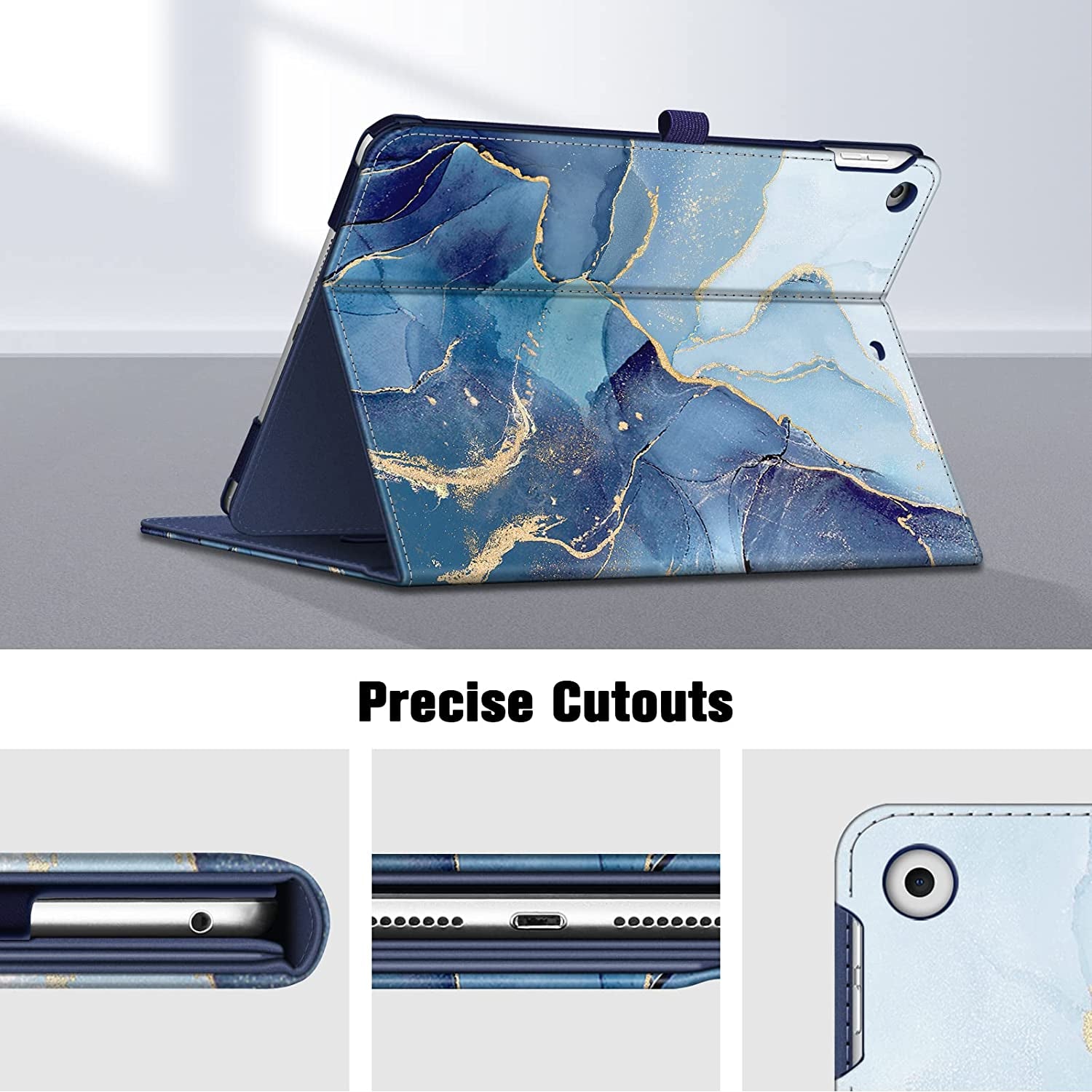 Multi-Angle Viewing Case for Ipad 9Th/8Th/7Th Generation 10.2 Inch | Vegan Leather Folio Stand Cover, Pencil Holder & Storage Pocket, Corner Protection, Auto Wake/Sleep, Ocean Marble