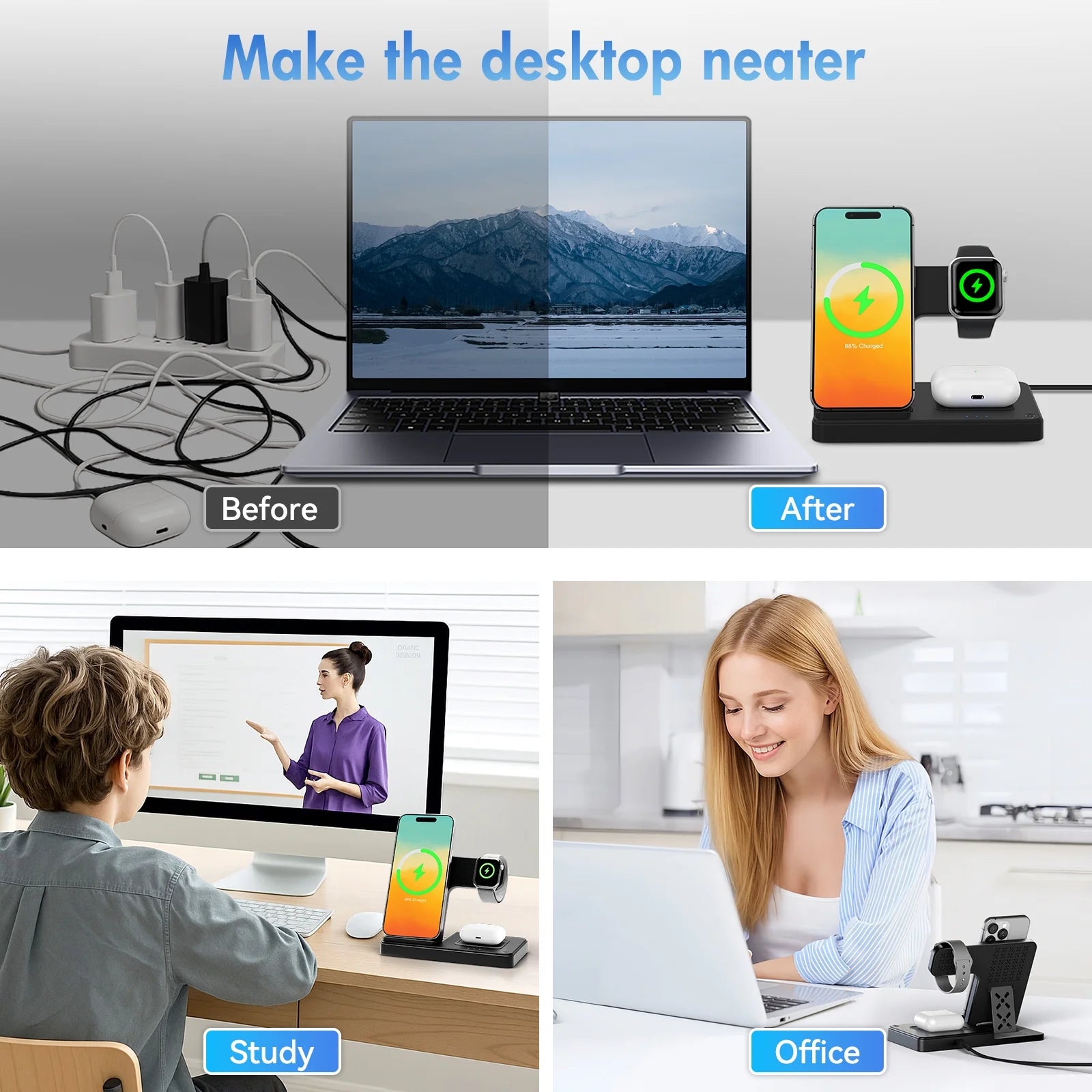 Charging Station,Wirelss Charger,Magnetic Charging Station Compatible with Iphone 17 16 15 14 13 12 11 Pro Max XS Xr,For Iwatch Series 9 8 7 6 5 4 3 2 Se,For Airpods 3 2 Pro,Black,No Adapter