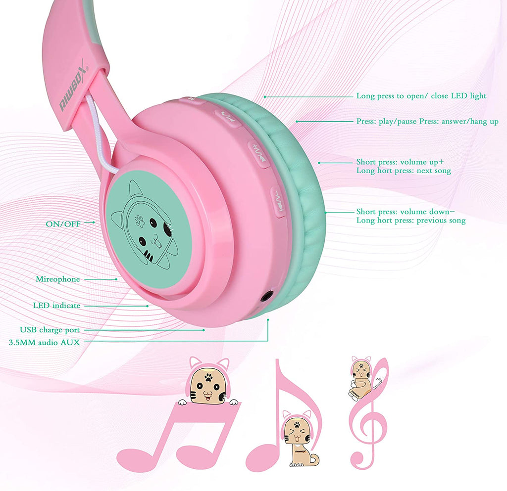 CT-7 Cat Ear Kids Bluetooth Headphones, LED Light up Bluetooth Wireless over Ear Headphones with Microphone and Volume Control for Travel/School/Smartphones/Laptop/Pc/Tv (Pink&Green)