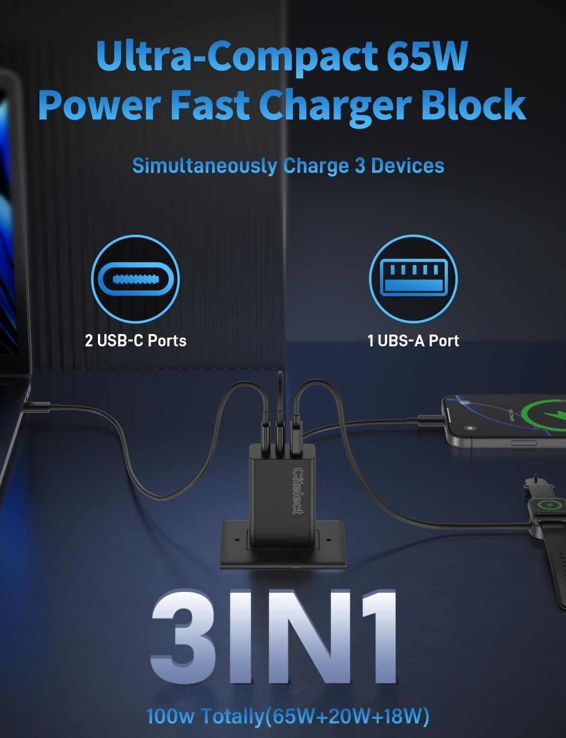 3Pack 65W USB C Charger Block, 3Port Fast Charging Adapter, Type C Fast Charging Blocks Cube PD USBC Wall Plug+Qc3.0 USB a Charger Brick for Macbook Pro/Air,Ipad,Iphone 17/16,Samsungs26/S25&More-Black