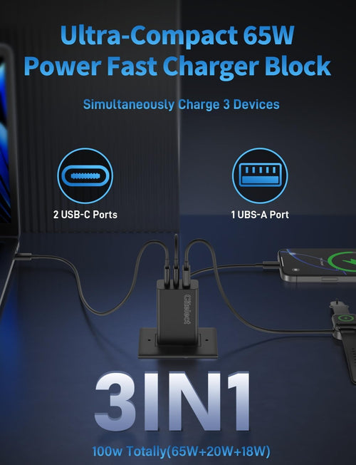 3Pack 65W USB C Charger Block, 3Port Fast Charging Adapter, Type C Fast Charging Blocks Cube PD USBC Wall Plug+Qc3.0 USB a Charger Brick for Macbook Pro/Air,Ipad,Iphone 17/16,Samsungs26/S25&More-Black