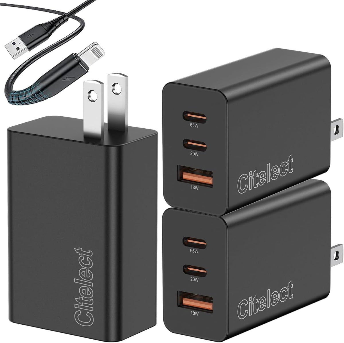 3Pack 65W USB C Charger Block, 3Port Fast Charging Adapter, Type C Fast Charging Blocks Cube PD USBC Wall Plug+Qc3.0 USB a Charger Brick for Macbook Pro/Air,Ipad,Iphone 17/16,Samsungs26/S25&More-Black