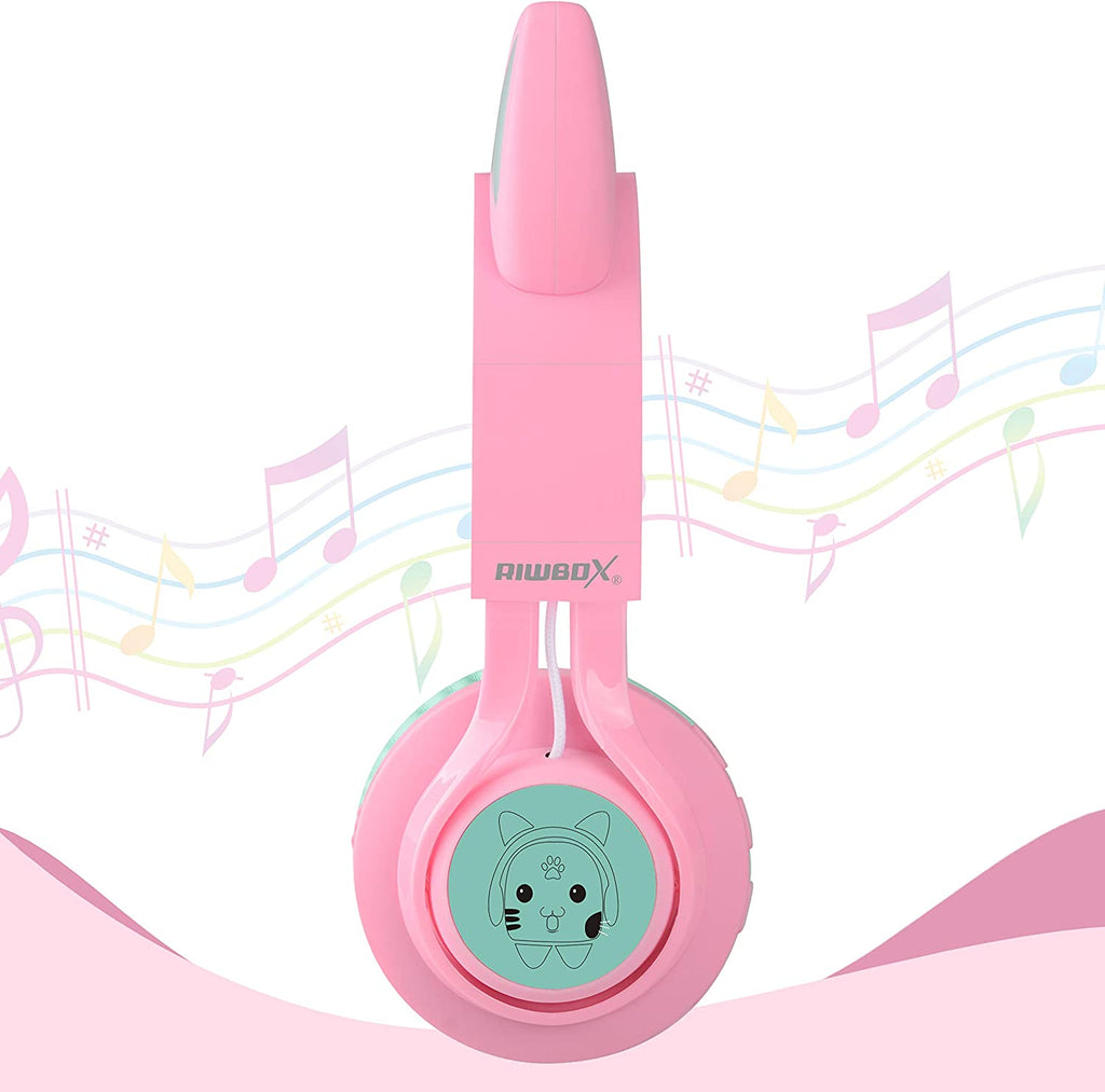 CT-7 Cat Ear Kids Bluetooth Headphones, LED Light up Bluetooth Wireless over Ear Headphones with Microphone and Volume Control for Travel/School/Smartphones/Laptop/Pc/Tv (Pink&Green)